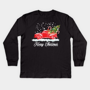 Merry Christmas Retro Vintage Red Truck Kids Long Sleeve T-Shirt